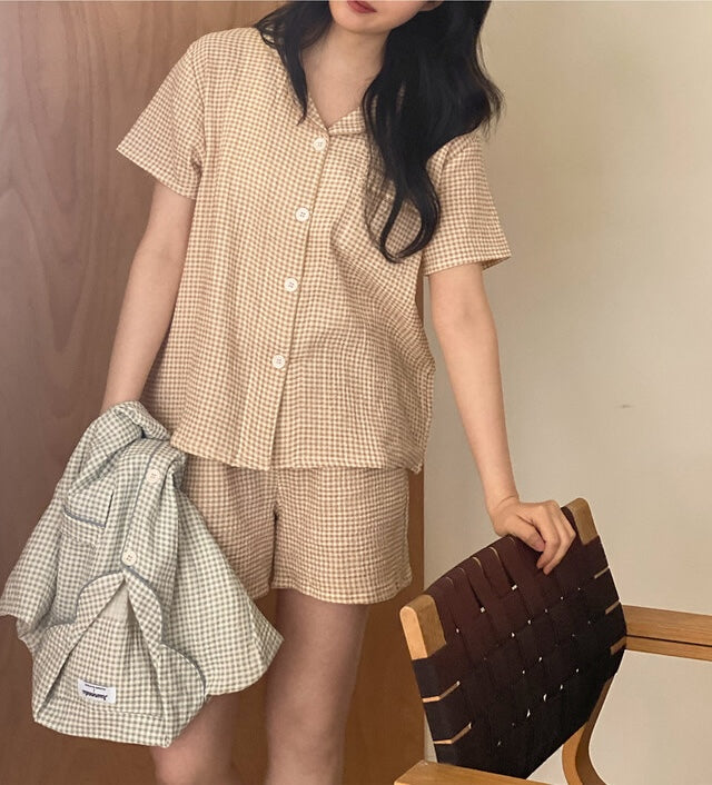 Juuneedu Daisy Check Cotton Short Sleeves Pajamas (3色) 短袖睡衣