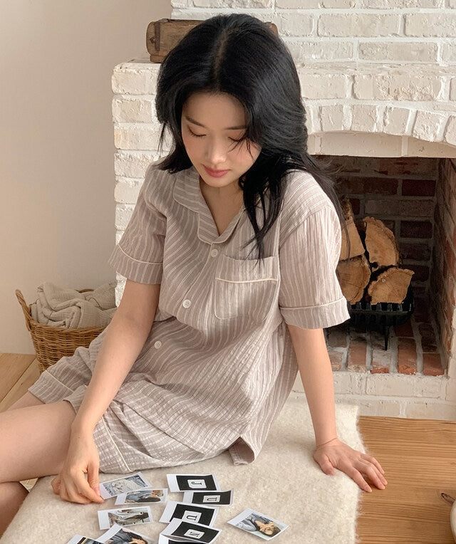 【買2套減$20✨】Juuneedu 7 Days Stripe Cotton Short Sleeves Pajamas (7色) 短袖睡衣