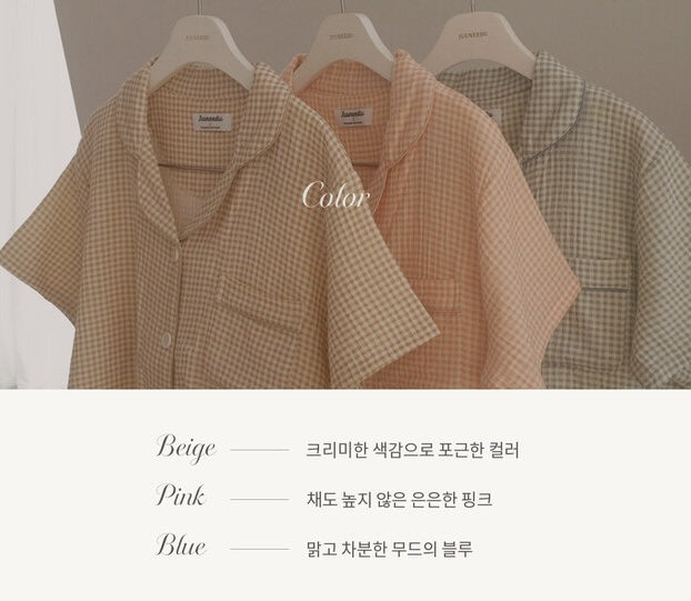 Juuneedu Daisy Check Cotton Short Sleeves Pajamas (3色) 短袖睡衣