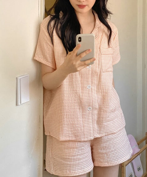 Juuneedu Daisy Check Cotton Short Sleeves Pajamas (3色) 短袖睡衣