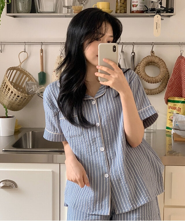 【買2套減$20✨】Juuneedu 7 Days Stripe Cotton Short Sleeves Pajamas (7色) 短袖睡衣