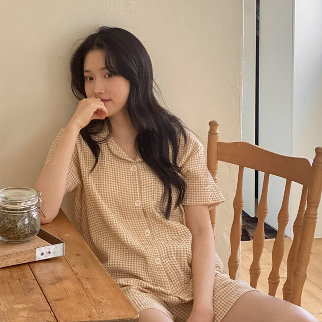 Juuneedu Daisy Check Cotton Short Sleeves Pajamas (3色) 短袖睡衣