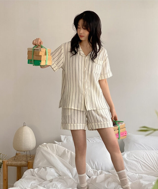 【買2套減$20✨】Juuneedu 7 Days Stripe Cotton Short Sleeves Pajamas (7色) 短袖睡衣