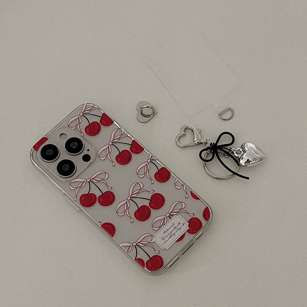【Set】Ribbon Cherry (透明殼)+心形扣+鎖匙扣