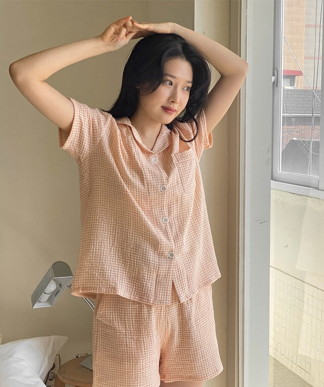 Juuneedu Daisy Check Cotton Short Sleeves Pajamas (3色) 短袖睡衣