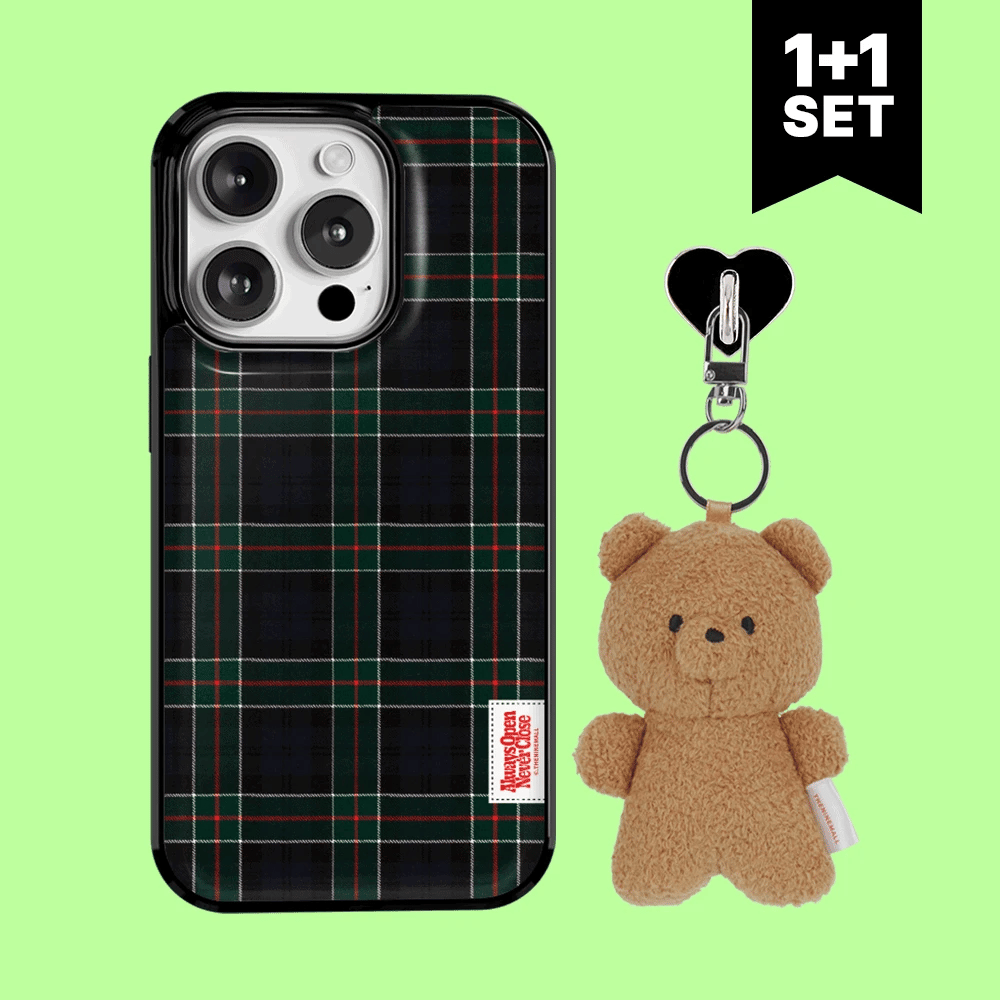 【Set】 Vintage Checked Pattern Label-Navy red (Epoxy Bumper) + Doll keyring