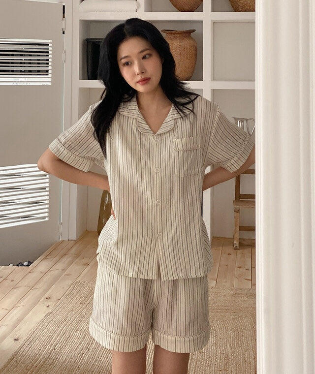 【買2套減$20✨】Juuneedu 7 Days Stripe Cotton Short Sleeves Pajamas (7色) 短袖睡衣