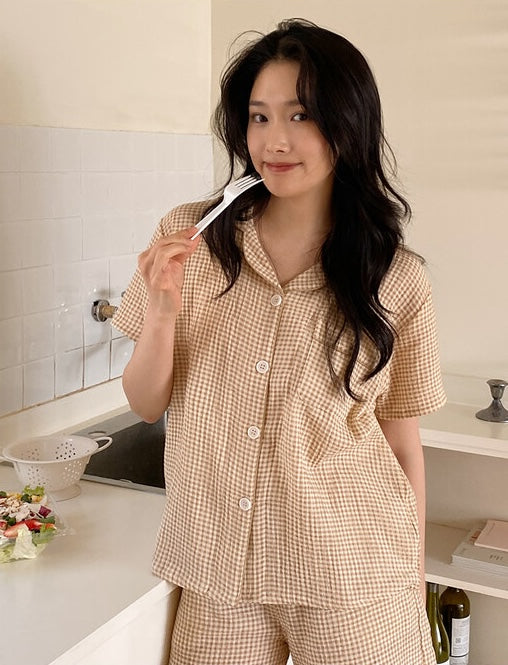 Juuneedu Daisy Check Cotton Short Sleeves Pajamas (3色) 短袖睡衣