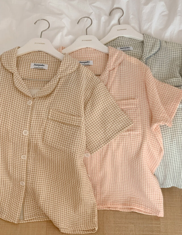 Juuneedu Daisy Check Cotton Short Sleeves Pajamas (3色) 短袖睡衣