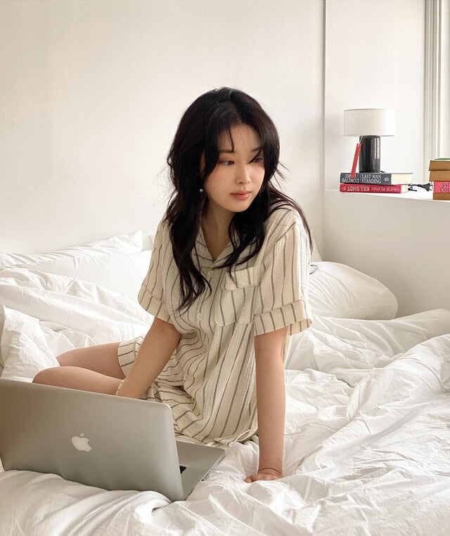 【買2套減$20✨】Juuneedu 7 Days Stripe Cotton Short Sleeves Pajamas (7色) 短袖睡衣