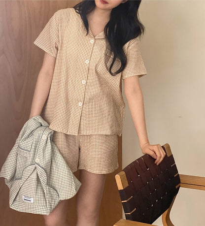 Juuneedu Daisy Check Cotton Short Sleeves Pajamas (3色) 短袖睡衣