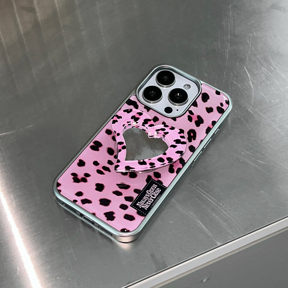Fluffy Leopard Label Phone Case (Silver bumper)