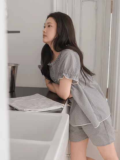 【買2套減$20💞】Juuneedu Sio Gingham Check Couple Short Sleeves Pajamas Set (3色) 短袖睡衣套裝