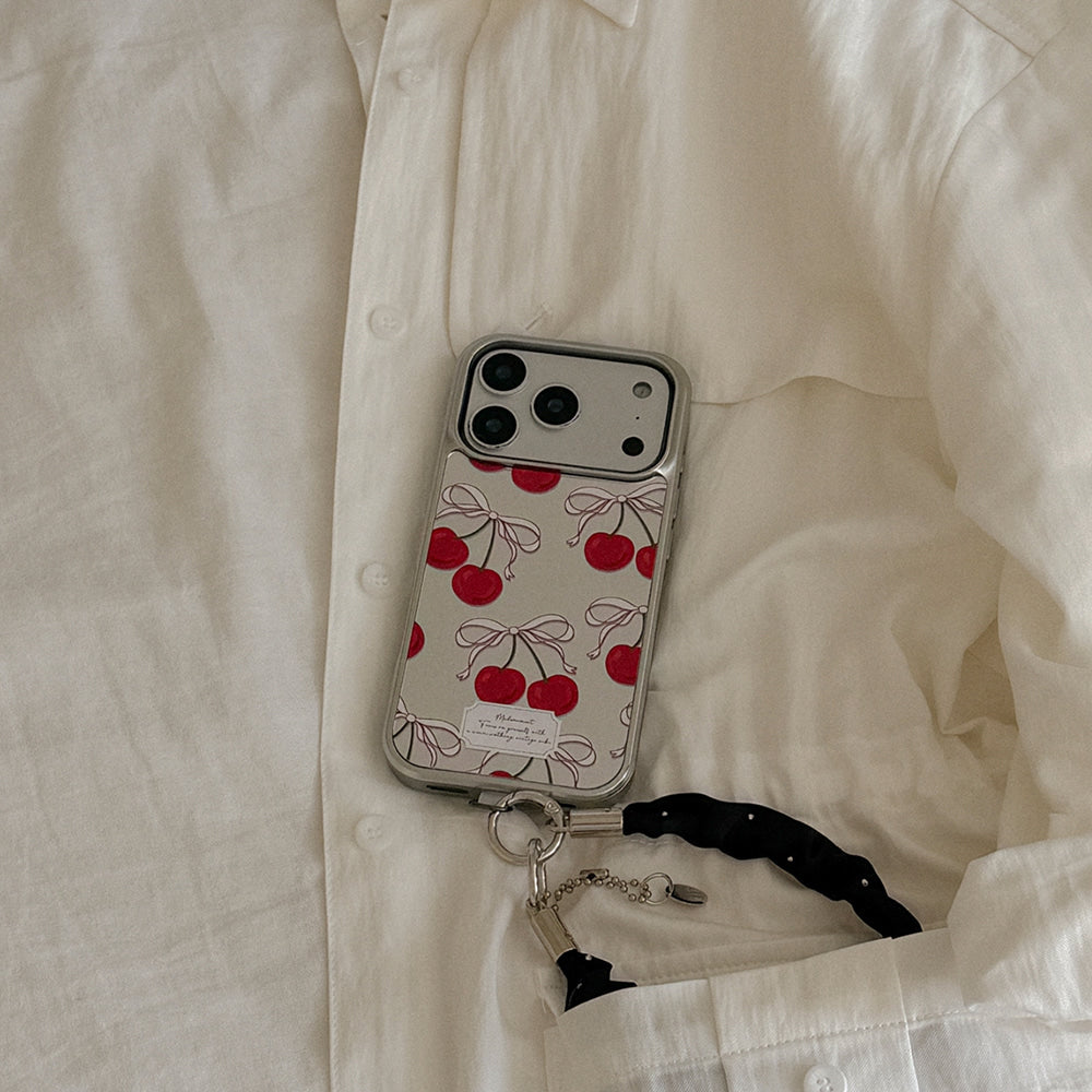 【Set】Ribbon Cherry (Silver Bumper Case)+ 手機繩