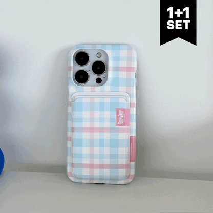 【Set】Cotton Candy Checked Label (Magsafe Hard) + Magsafe Card Slot