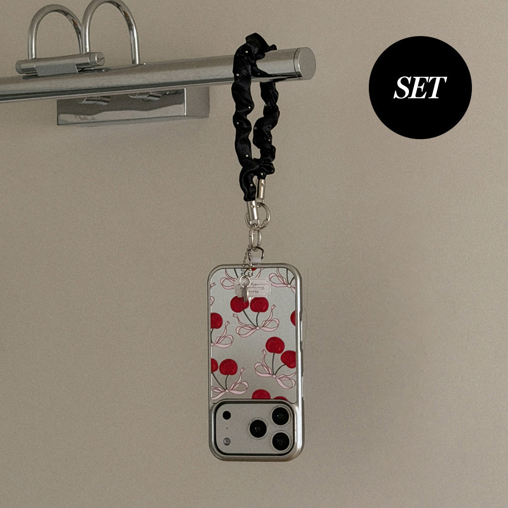 【Set】Ribbon Cherry (Silver Bumper Case)+ 手機繩