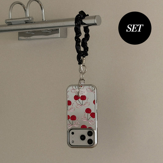 【Set】Ribbon Cherry (Silver Bumper Case)+ 手機繩