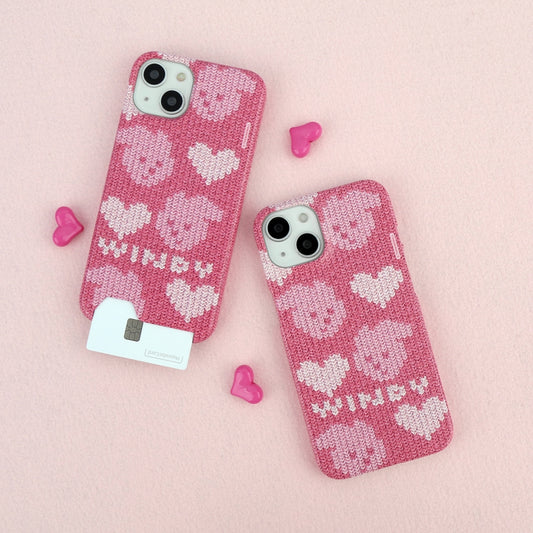 Pink Heart Knit Windy Phone Case (Hard/Card Storage)