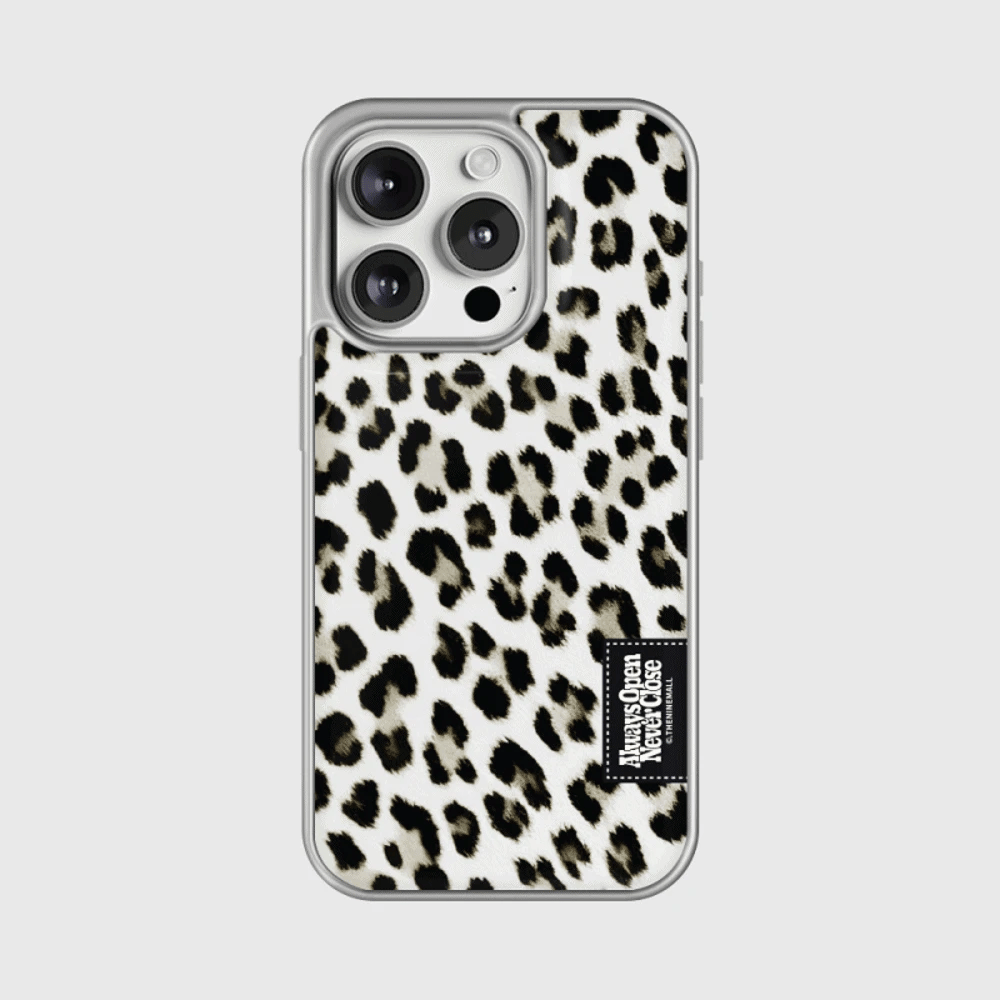 Fluffy Leopard Label Phone Case (Silver bumper)