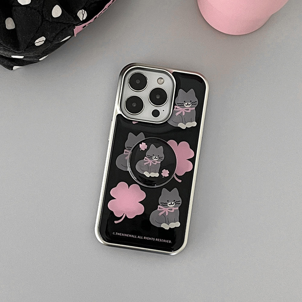 Clover Hey Cat Pattern Phone Case (Silver bumper)
