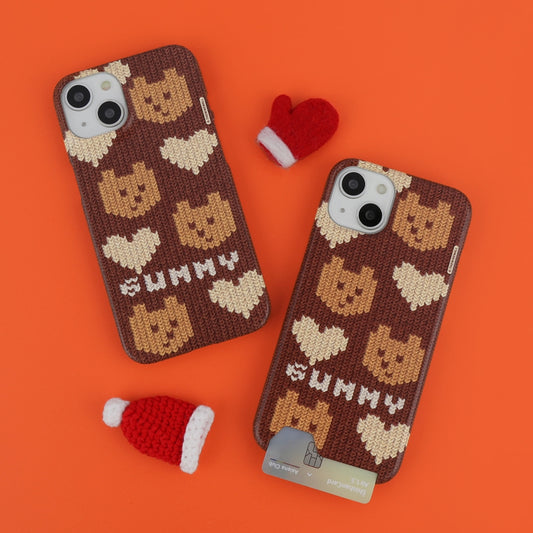 Brown Heart Knit Gummy Phone Case (Hard/Card Storage)