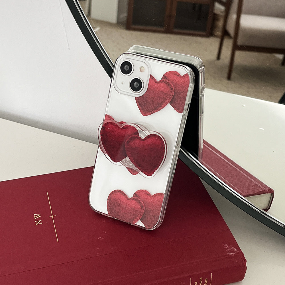 Red Felt Heart Pattern Phone Case (Clear/Tank 透明/透明Tank款)