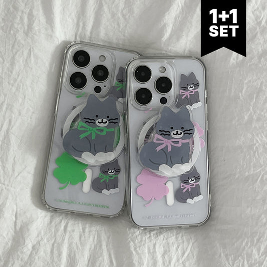 【Set】Clover Hey Cat Pattern (Magsafe Jelly Hard) + Magsafe Tok