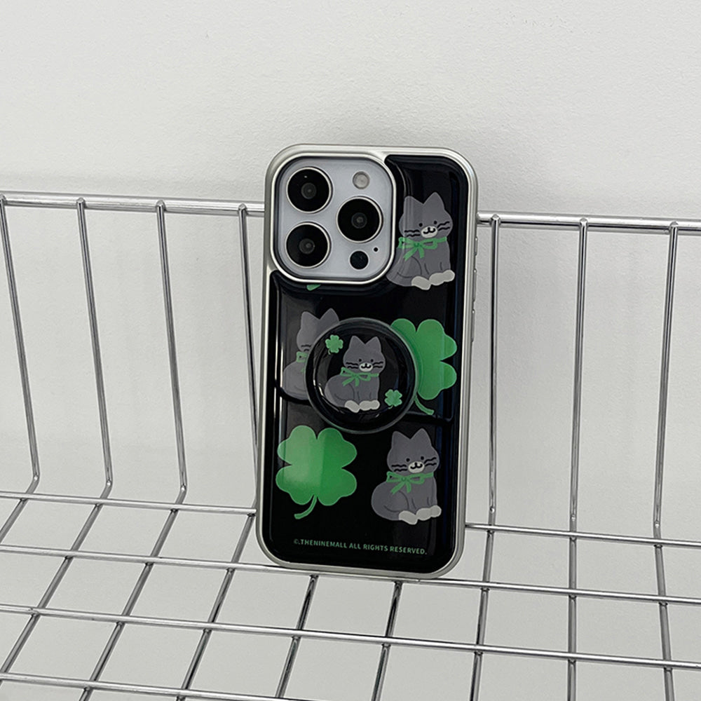 Clover Hey Cat Pattern Phone Case (Silver bumper)