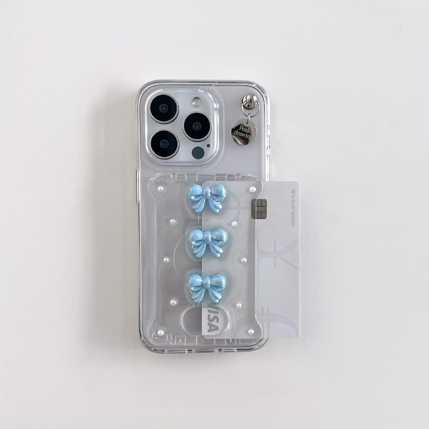 Peakdrawing Blue cute ribbon card slot jelly hard case set