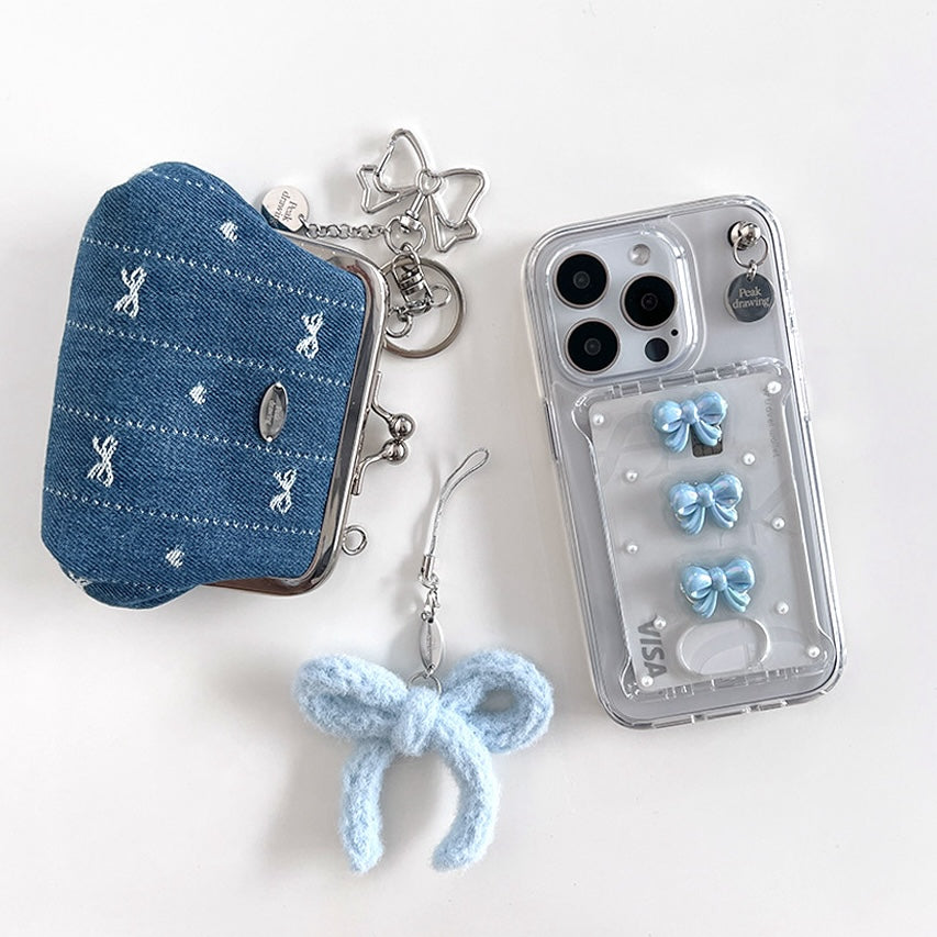 Peakdrawing Blue cute ribbon card slot jelly hard case set