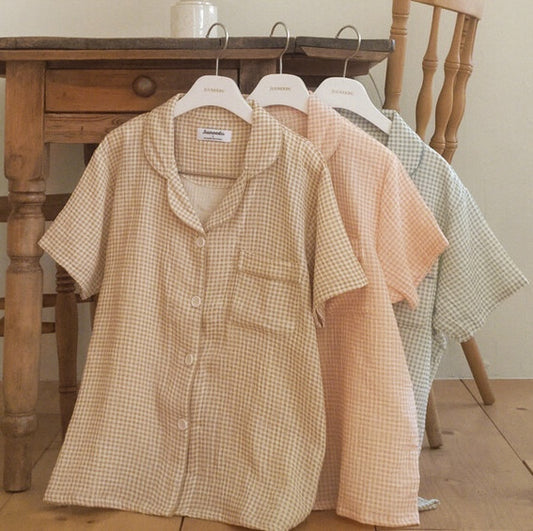 Juuneedu Daisy Check Cotton Short Sleeves Pajamas (3色) 短袖睡衣