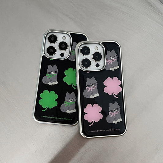 Clover Hey Cat Pattern Phone Case (Silver bumper)