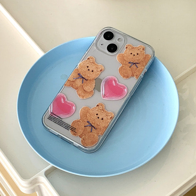 Pattern Ribbon Teddy Gummy Phone Case (Clear/Tank Clear 透明/透明Tank款)